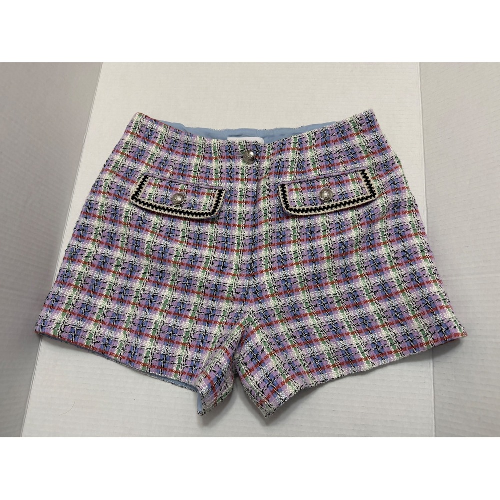 House of Harlow 1960 Purple Plaid Tweed High Waisted Shorts Size 6 Silver Button